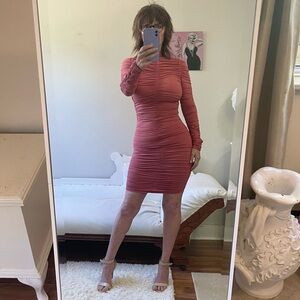 DUSTY ROSE PINK LONG SLEEVE RUCHED DRESS MOCK TURTLENECK EXPOSED BACK ZIPPER